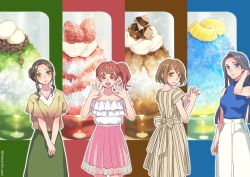 Rule 34 | 4girls, black hair, blue eyes, blue shirt, blush, bow, brown hair, cowboy shot, dress, food, frilled skirt, frills, fruit, green eyes, green skirt, highres, long hair, looking at viewer, minami seira, multiple girls, open mouth, original, own hands together, pink skirt, pleated skirt, shaved ice, shirt, short hair, side ponytail, sidelocks, skirt, sleeveless, smile, strawberry, striped bow, striped clothes, striped dress, teeth, turtleneck, yellow eyes