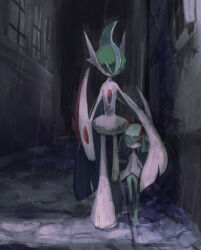 Rule 34 | alley, arm blade, colored skin, creatures (company), gallade, game freak, gen 3 pokemon, gen 4 pokemon, green skin, hair over one eye, highres, horns, kirlia, mega gallade, mega pokemon, multicolored skin, nintendo, parted lips, pokemon, pokemon (creature), ponkotuyarou, rain, sidelocks, two-tone skin, weapon, white skin, window