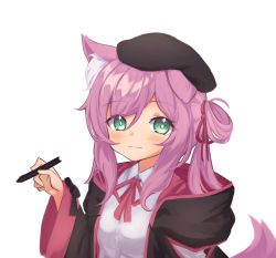 Rule 34 | 1girl, :3, absurdres, animal ear fluff, animal ears, beret, black hat, blush, closed mouth, coat, dot nose, green eyes, hair between eyes, hair ribbon, hand up, hat, highres, holding, holding stylus, hood, hood down, hooded coat, klaius, long sleeves, looking at viewer, neck ribbon, one side up, original, pink hair, red ribbon, ribbon, shirt, simple background, smile, solo, stylus, symbol in eye, tail, upper body, white background, white shirt, wide sleeves