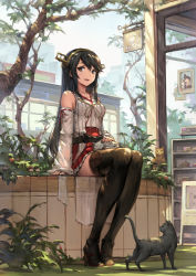 Rule 34 | 10s, 3girls, bare shoulders, black footwear, black hair, black legwear, blush, boots, brown eyes, cat, day, detached sleeves, fairy (kancolle), gou (ga673899), hair ornament, hairband, haoni, haruna (kancolle), headgear, hiei (kancolle), japanese clothes, kantai collection, kirishima (kancolle), long hair, long legs, looking at viewer, mini person, minigirl, multiple girls, naka (kancolle), nontraditional miko, open mouth, outdoors, remodel (kantai collection), sitting, skirt, smile, thigh boots, thighhighs, type 96 150cm searchlight, zettai ryouiki