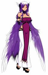 Rule 34 | 1girl, animal ears, bare shoulders, bird ears, breasts, cleavage, closed mouth, commentary request, detached collar, diadem, dress, feathered wings, full body, fur collar, harpy, konshin, large breasts, long hair, looking at viewer, monster girl, no socks, pelvic curtain, purple dress, purple hair, purple wings, red eyes, sandals, simple background, smile, solo, standing, white background, white dress, winged arms, wings