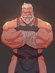 Rule 34 | 1boy, alternate costume, apron, bandaged arm, bandages, bara, beard, bulge, cowboy shot, crossed arms, facial hair, full beard, highres, large pectorals, male focus, mature male, mr nellory, muscular, muscular male, mustache, naked apron, old, old man, overwatch, partially blind, pectoral cleavage, pectorals, reinhardt (overwatch), scar, scar across eye, short hair, sidepec, thick beard, thick chest hair, thick mustache, white hair, wrinkled skin