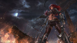 Rule 34 | 1girl, artist name, breasts, chris bjors, cloud, fire, gloves, highres, katarina (league of legends), large breasts, league of legends, md5 mismatch, midriff, moon, navel, night, pants, red hair, resized, resolution mismatch, scar, smile, solo, source smaller, sword, tattoo, tight clothes, tight pants, upscaled, wallpaper, weapon