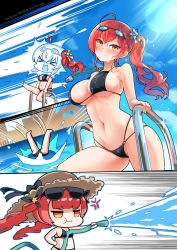Rule 34 | 2girls, ahoge, anger vein, artist name, azur lane, bikini, blush, breasts, chibi, cleavage, comic, commentary, day, empty eyes, english commentary, eyewear on head, falling, goggles, goggles on head, hair ribbon, hat, highleg, highleg bikini, highres, hm (hmongt), honolulu (azur lane), honolulu (summer accident?!) (azur lane), hose, hose between breasts, innertube, large breasts, long hair, looking at viewer, medium hair, multi-strapped bikini, multiple girls, navel, o-ring, o-ring bikini, o-ring bottom, outdoors, pool, pool ladder, poolside, pout, red hair, ribbon, ribs, side ponytail, skindentation, spraying, stomach, straw hat, string bikini, sun hat, sunglasses, sunglasses on head, sunlight, swim ring, swimsuit, twintails, twitter username, wet, wet clothes, wet swimsuit, whistle, whistle around neck, yellow eyes, zara (azur lane), zara (poolside coincidence) (azur lane)