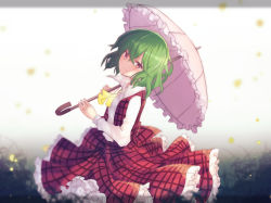 Rule 34 | 1girl, ascot, commentary request, frilled skirt, frills, green hair, hair between eyes, highres, kazami yuuka, light blush, light particles, long sleeves, looking at viewer, one-hour drawing challenge, parasol, plaid, plaid skirt, plaid vest, red eyes, shirt, short hair, skirt, smile, solo, tauta (meshia8787), touhou, umbrella, vest, white shirt, wing collar, yellow ascot