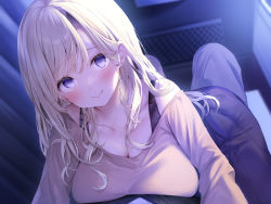 Rule 34 | 1boy, 1girl, blonde hair, blurry, blurry background, blush, breast press, breasts, cleavage, closed mouth, collarbone, depth of field, earrings, heart, heart earrings, highres, indoors, jewelry, large breasts, long hair, long skirt, looking at viewer, navy (navy.blue), night, non-web source, original, pov, purple eyes, sidelocks, skirt, smile, solo focus, stud earrings