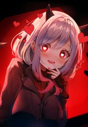 Rule 34 | 1girl, black jacket, blush, breasts, commentary, demon horns, hair between eyes, hand to own mouth, hand up, heart, heart-shaped pupils, helltaker, highres, horns, jacket, long sleeves, looking at viewer, medium breasts, modeus (helltaker), parted lips, red background, red eyes, red sweater, ribbed sweater, seero, silver hair, sleeves past wrists, smile, solo, sweater, symbol-shaped pupils, teeth, turtleneck, turtleneck sweater, upper body, upper teeth only