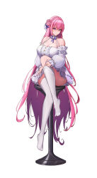 Rule 34 | &gt;:(, 1girl, absurdres, bare shoulders, braid, breasts, choker, cleavage, commentary request, crown braid, detached sleeves, dorothy (nikke), dress, goddess of victory: nikke, hair bun, highres, large breasts, long hair, long sleeves, looking at viewer, no shoes, pink hair, purple eyes, simple background, sitting, siyeong, solo, thighhighs, thighs, v-shaped eyebrows, very long hair, white background, white dress, white thighhighs