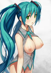 Rule 34 | 1girl, absurdres, aqua hair, between breasts, blouse, blush, bottomless, breasts, breasts out, female focus, framed breasts, gaou (umaiyo puyoman), green eyes, hair ornament, hatsune miku, highres, large breasts, long hair, looking at viewer, necktie, nipples, open clothes, open mouth, open shirt, parted lips, shiny skin, shirt, simple background, sleeveless, sleeveless shirt, solo, twintails, very long hair, vocaloid
