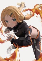 Rule 34 | &gt;:(, 1girl, aqua eyes, ass, black hoodie, black pants, black shirt, black survival, black sweater, blonde hair, breasts, butt crack, chain, check copyright, clenched hand, closed mouth, copyright request, eternal return: black survival, fighting stance, fingerless gloves, fire, from above, gloves, hair ornament, hairclip, highres, hood, hoodie, irain ( irain ), light blush, long hair, long sleeves, medium breasts, nicky blake, pants, parted bangs, serious, shirt, shoes, sidelocks, sneakers, solo, standing, sweater, twintails, v-shaped eyebrows, white footwear, white gloves