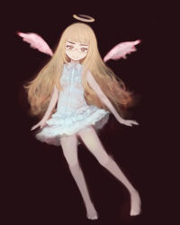 Rule 34 | 1girl, angel, angel wings, barefoot, blonde hair, dress, face, glasses, halo, highres, long hair, mune, perrine h. clostermann, skirt, smile, solo, strike witches, white dress, white skirt, wings, world witches series, yellow eyes