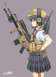 Rule 34 | 1girl, baseball cap, bipod, black hair, bullet, collared shirt, from side, gloves, green gloves, grey background, gun, hand on own hip, hat, headset, highres, looking to the side, magazine (weapon), military, necktie, original, plaid, plaid skirt, pleated skirt, ponytail, red eyes, red necktie, rifle, scope, shirt, short sleeves, skirt, smile, sniper, sniper rifle, solo, stolas (lemegeton), weapon, white shirt, yellow hat