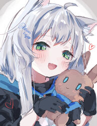 Rule 34 | 1girl, :d, animal ears, arknights, artist name, black gloves, cat ears, cat girl, choshanland plushy (arknights), gloves, green eyes, grey hair, highres, holding, holding stuffed toy, kasumi kujira, long hair, open mouth, rosmontis (arknights), signature, smile, solo, stuffed animal, stuffed rabbit, stuffed toy, upper body