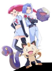 Rule 34 | 1boy, 1girl, blue eyes, blue hair, cat, creatures (company), earrings, ekans, flower, game freak, gen 1 pokemon, green eyes, highres, james (pokemon), jessie (pokemon), jewelry, kelvin-trainerk, koffing, meowth, nintendo, open mouth, pink hair, pokemon, pokemon (anime), pokemon (classic anime), rose, smile, snake, standing, team rocket, team rocket uniform, whiskers