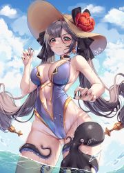 Rule 34 | 1girl, 2020, aqua eyes, artist name, black hair, blue one-piece swimsuit, blush, breasts, choker, cloud, dated, genshin impact, gold trim, hair ornament, hair ribbon, hands up, hat, highleg, highleg swimsuit, highres, large breasts, long hair, mona (genshin impact), nail polish, navel, octopus, one-piece swimsuit, ribbon, signature, sky, solo, star (symbol), star choker, straw hat, swimsuit, tacco (tikeworld), twintails, wading, water