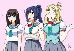 Rule 34 | ..., 3girls, ?, arms under breasts, black hair, blonde hair, blue hair, blunt bangs, breast envy, breast hold, breasts, bubble tea challenge, closed eyes, commentary, dated, drink, english commentary, hair rings, highres, hime cut, jan azure, kurosawa dia, large breasts, love live!, love live! sunshine!!, matsuura kanan, medium breasts, multiple girls, ohara mari, pink background, ponytail, school uniform, simple background, standing, twitter username, uranohoshi school uniform, vest