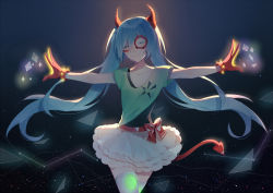 Rule 34 | 1girl, bad id, bad pixiv id, blue hair, collarbone, floating hair, gloves, hatsune miku, horns, layered skirt, long hair, miniskirt, project diva (series), project diva x, red gloves, shirt, short sleeves, skirt, solo, sudale, tail, thighhighs, twintails, very long hair, vocaloid, white skirt, white thighhighs, zettai ryouiki