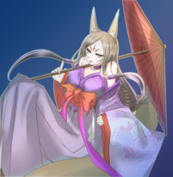 Rule 34 | 1girl, animal ears, bare shoulders, breasts, colorized, fox ears, kagerou (shadowmage), long hair, original, parasol, simple background, solo, umbrella