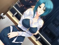 Rule 34 | 1girl, akatsuki works hibiki, belt, blue hair, blue skirt, blush, breast hold, breasts, building, cleavage, closed mouth, curvy, door, dutch angle, earrings, female focus, hair over one eye, jewelry, kurokawa sera, large breasts, legs, lipstick, long sleeves, looking at viewer, lovely x cation, makeup, medium hair, night, outdoors, pov, rain, serious, shirt, skirt, solo, standing, thighs, water, wet, wet clothes, white shirt, yellow eyes, zipper