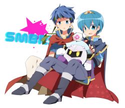 Rule 34 | 2boys, angry, bad id, bad pixiv id, blue eyes, blue hair, cape, fire emblem, fire emblem: mystery of the emblem, fire emblem: path of radiance, gloves, hair between eyes, headband, high collar, holding person, ike (fire emblem), kirby (series), male focus, marth (fire emblem), mask, meta knight, multiple boys, nintendo, sa kuma, simple background, smile, super smash bros., tiara, white background, yellow eyes