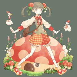 Rule 34 | 1girl, bad id, bad pixiv id, bag, blunt bangs, bow, buttons, cloud, clover, cookie, double-breasted, flower, food, food-themed hair ornament, four-leaf clover, frilled shorts, frills, full body, gloves, gnome, grey background, grey eyes, grey hair, hair flower, hair ornament, hat, leaf hair ornament, long sleeves, mushroom, nitanda cona, original, outstretched arms, plaid, polka dot, red shorts, shorts, smile, socks, solo, spread arms, striped, striped bow, twintails, vest, white gloves, white socks