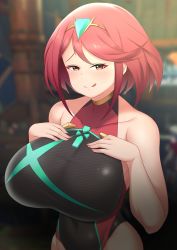 Rule 34 | 1girl, absurdres, breasts, bursting breasts, cleavage, highres, huge breasts, leotard, nintendo, pyra (xenoblade), red hair, skin tight, skin tight clothing, swimsuit, tight leotard, tongue, tongue out, xenoblade chronicles (series), xenoblade chronicles 2