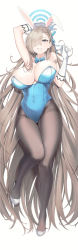 Rule 34 | 1girl, absurdly long hair, absurdres, animal ears, asuna (blue archive), asuna (bunny) (blue archive), bare shoulders, blue archive, blue eyes, blue leotard, blush, breasts, brown pantyhose, cleavage, detached collar, elbow gloves, fake animal ears, full body, gloves, grin, hair over one eye, halo, high heels, highleg, highleg leotard, highres, large breasts, leotard, light brown hair, long hair, looking at viewer, mole, mole on breast, niji (user gaxk2333), official alternate costume, pantyhose, playboy bunny, rabbit ears, revision, smile, solo, very long hair, white gloves