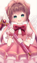 Rule 34 | 1girl, :d, absurdres, antenna hair, beret, blurry, blush, bow, bowtie, brown hair, cardcaptor sakura, commentary, depth of field, dress, falling petals, fuuin no tsue, glove bow, gloves, green eyes, happy, hat, highres, holding, holding wand, junineu, kinomoto sakura, looking at viewer, magical girl, open mouth, petals, petticoat, pink dress, pink hat, pink ribbon, pleated dress, puffy short sleeves, puffy sleeves, red bow, red bowtie, ribbon, shadow, shirt, short hair, short sleeves, simple background, sleeveless, sleeveless dress, smile, solo, split mouth, standing, teeth, upper teeth only, wand, white background, white gloves, white shirt, white wings, wings