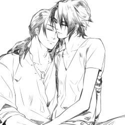 Rule 34 | 2boys, buttons, closed eyes, collared shirt, dog tags, father and son, final fantasy, final fantasy viii, half-closed eyes, hand on another&#039;s back, high collar, holding hands, implied yaoi, jewelry, laguna loire, light smile, long hair, male focus, monochrome, multiple boys, necklace, nini tw99, parted lips, ponytail, scar, scar on face, scar on forehead, shirt, short hair, short sleeves, sitting, sitting on lap, sitting on person, sketch, smile, squall leonhart, v-neck, yaoi
