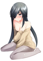 Rule 34 | 10s, 1girl, bad id, bad pixiv id, black hair, blush, breasts, brown eyes, cleavage, crying, crying with eyes open, hair over one eye, hayashimo (kancolle), kantai collection, long hair, nekobaka, off shoulder, pantyhose, ribbed sweater, simple background, solo, sweater, tears
