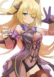 Rule 34 | 1girl, black gloves, blonde hair, bow, breasts, dated, detached sleeves, elbow gloves, eyepatch, fischl (genshin impact), genshin impact, gloves, green eyes, highres, light blush, one eye covered, punished pigeon, purple bow, single detached sleeve, single elbow glove, single glove, small breasts, solo, thighhighs, two side up, v, white background