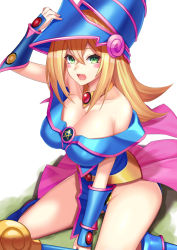 Rule 34 | 1girl, bad id, bad pixiv id, bare shoulders, blonde hair, blue footwear, blush stickers, breasts, cleavage, dark magician girl, duel monster, green eyes, hat, large breasts, long hair, pentacle, solo, staff, tattsun (tymn3385), wand, witch hat, wizard hat, yu-gi-oh!, yu-gi-oh! duel monsters