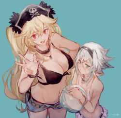 Rule 34 | 2girls, anne bonny (fate), ball, bare shoulders, beachball, bikini, blonde hair, blue eyes, blush, breasts, cleavage, denim, denim shorts, fate/grand order, fate (series), groin, hairband, hat, highres, jewelry, kouzuki kei, large breasts, looking at viewer, mary read (fate), multiple girls, navel, necklace, pirate hat, red eyes, scar, short hair, shorts, silver hair, skirt, small breasts, smile, swimsuit, twintails, v