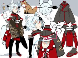 Rule 34 | 1girl, animal ears, arrow (symbol), arrow hair ornament, back bow, back cutout, black hair, black socks, black thighhighs, bow, breasts, character sheet, clothing cutout, clothing request, colored tips, egasumi, fangs, fox, fox ears, fox tail, grey hair, hair ornament, half-closed eyes, heterochromia, highres, indie virtual youtuber, kanzashi, karei, kouhaku nawa, large breasts, looking at viewer, multicolored hair, multiple views, obi, obijime, official art, print sleeves, red skirt, rope, sandals, sash, second-party source, shimenawa, short hair, short ponytail, shoulder cutout, sidelocks, simple background, skin fangs, skirt, sleeves past fingers, sleeves past wrists, smile, socks, tail, tail through clothes, tange kotoe, thighhighs, translation request, underbust, v arms, virtual youtuber, white background, wind chime, zouri