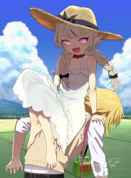 Rule 34 | 1boy, 1girl, :d, bad id, bad twitter id, barefoot, black bow, blonde hair, blouse, bow, bracelet, braid, cloud, collared shirt, day, dress, fangs, feet, hair bow, hat, highres, jewelry, leaning forward, looking at viewer, makaino ririmu, makaino ririmu (3rd costume), mountainous horizon, multicolored hair, nijisanji, open mouth, outdoors, pink eyes, pointy ears, satsuyo, shirt, sitting, sitting on person, sleeves rolled up, smile, strap slip, straw hat, sweater vest, toes, twin braids, uzuki kou, uzuki kou (3rd costume), virtual youtuber, white dress, white shirt