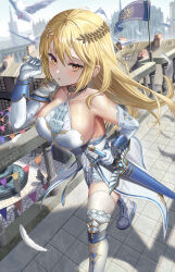 Rule 34 | 1girl, absurdres, armor, backless dress, backless outfit, bare shoulders, blonde hair, blush, boots, bracer, breasts, bunting, collarbone, commentary, curled fingers, dress, elbow gloves, english commentary, feathers, gloves, halterneck, hand on weapon, hand up, highres, large breasts, laurel crown, long hair, looking at viewer, orange eyes, original, outdoors, parted lips, pauldrons, railing, shoulder armor, side slit, silvertsuki, single pauldron, solo, thigh boots, thighhighs, thighs, town, tsurime, walking, white footwear, white gloves, white thighhighs