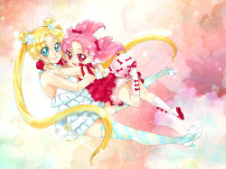 Rule 34 | 2girls, bishoujo senshi sailor moon, blonde hair, blue eyes, blue thighhighs, boots, bow, chibi usa, cone hair bun, double bun, flower, full body, gloves, hair bow, hair bun, hair flower, hair ornament, high heels, hug, knee boots, long hair, looking at viewer, multicolored background, multiple girls, nightcat, pink hair, rabbit tail, red bow, red eyes, red gloves, red skirt, shoes, short hair, skirt, smile, tail, thighhighs, tsukino usagi, twintails, white footwear, white skirt