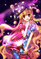 Rule 34 | 1girl, alternate legwear, american flag dress, american flag legwear, american flag shirt, blonde hair, clownpiece, glowing, gradient background, harrymiao, hat, highres, jester cap, lips, long hair, looking at viewer, multicolored eyes, nail polish, parted lips, print thighhighs, puffy sleeves, short sleeves, smile, solo, star (symbol), striped clothes, striped thighhighs, thighhighs, touhou, very long hair