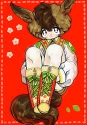 Rule 34 | 1boy, androgynous, animal ears, boots, border, bright pupils, brown eyes, brown hair, closed mouth, cross-laced footwear, dotted line, green ribbon, highres, jacket, hugging own legs, long sleeves, looking at viewer, male focus, original, red background, ribbon, shima (wansyon144), sitting, smile, solo, tail, white jacket, white pupils