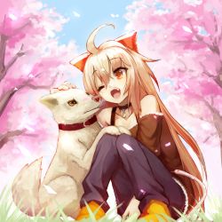 Rule 34 | 1girl, ahoge, animal, bare shoulders, black pants, blue sky, bow, brown bow, brown eyes, brown hair, brown shirt, cherry blossoms, commentary request, day, dog, flower, grass, hair between eyes, hair bow, highres, long hair, off-shoulder shirt, off shoulder, one eye closed, open mouth, orange footwear, outdoors, pants, pink flower, shadow alice (wonderland wars), shirt, shoes, sitting, sky, solo, sue (bg-bros), tongue, tongue out, tree, very long hair, wonderland wars