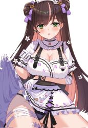 Rule 34 | 1girl, black panties, blush, breasts, brown hair, cleavage, clothes lift, dress, earrings, flower earrings, gloves, green eyes, hair ornament, hanamori healthy, hat, highres, indie virtual youtuber, jewelry, kuwahara taiki, large breasts, long hair, looking at viewer, melty+, nurse, nurse cap, open mouth, panties, patch, pill earrings, raccoon hair ornament, simple background, skirt, skirt lift, smile, solo, thighs, twintails, underwear, virtual youtuber, white dress, white gloves