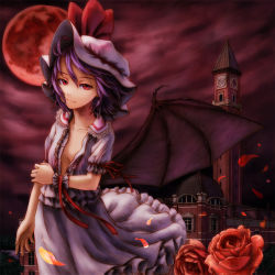 Rule 34 | 1girl, bad id, bad pixiv id, bat wings, clock, clock tower, collarbone, face, female focus, flat chest, flower, full moon, hat, kurione (pixiv), kurione (zassou), light smile, looking at viewer, moon, no bra, open clothes, open shirt, purple hair, red eyes, red flower, red moon, red rose, remilia scarlet, rose, shirt, short hair, smile, solo, touhou, tower, wind, wings