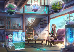 Rule 34 | 2girls, armchair, barefoot, blue eyes, blue sky, bow, braid, breasts, brown footwear, brown hair, brown legwear, chair, commentary request, crystal, cup, day, dress, food, glowing, green ribbon, hair between eyes, hair bow, hair ribbon, head tilt, holding, holding cup, holographic interface, indoors, kneehighs, long hair, long sleeves, looking at viewer, medium breasts, multiple girls, neck ribbon, no shoes, on floor, orb, original, outstretched arms, parted lips, puffy long sleeves, puffy sleeves, purple eyes, railing, red bow, ribbon, silver hair, sitting, sky, socks, soles, stairs, suishougensou, sweets, table, tatami, teacup, teapot, tiered tray, transparent, tree, very long hair, white dress