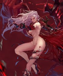 Rule 34 | 00s, 1girl, bad id, bad pixiv id, breasts, demon slayer (dungeon and fighter), derivative work, dungeon and fighter, female pubic hair, female slayer (dungeon and fighter), happening18, long hair, looking at viewer, nipples, nude, nude filter, pubic hair, red eyes, silver hair, smile, solo, third-party edit