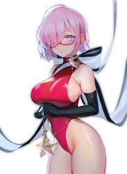 Rule 34 | 1girl, alternate costume, areola slip, bare shoulders, black gloves, blush, breasts, closed mouth, commentary request, earrings, elbow gloves, fate/grand order, fate (series), glasses, gloves, hair over one eye, highleg, highleg leotard, highres, holding, jewelry, large breasts, leotard, lips, looking at viewer, mash kyrielight, milin (orange maru), pink hair, purple eyes, red-framed eyewear, red leotard, shiny clothes, shiny skin, short hair, sideboob, simple background, sleeveless, solo, sparkle, star (symbol), thighs, white background