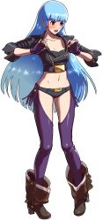 Rule 34 | 1girl, angel (kof), angel (kof) (cosplay), artist request, blue hair, blush, boots, breasts, chaps, cleavage, collarbone, cosplay, cowboy boots, cropped jacket, fingerless gloves, full body, gloves, gradient hair, highres, jacket, kula diamond, long hair, looking at viewer, looking away, medium breasts, multicolored hair, navel, official art, ogura eisuke, open mouth, panties, red eyes, snk, snk heroines: tag team frenzy, solo, standing, the king of fighters, transparent background, underwear, unzipped, zipper