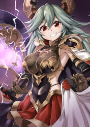 Rule 34 | &gt;:), 10s, 1girl, abe ranzu, armor, armpits, blush, breasts, cowboy shot, draph, electricity, gloves, granblue fantasy, grey hair, grin, hair between eyes, highres, holding, holding weapon, horns, large breasts, long hair, looking at viewer, pauldrons, red eyes, red skirt, shoulder armor, skirt, smile, solo, threo (granblue fantasy), v-shaped eyebrows, weapon