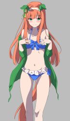 Rule 34 | 1girl, absurdres, animal ears, bare shoulders, bikini, blue bikini, blush, breasts, closed mouth, ear covers, ears down, feet out of frame, frilled bikini, frills, green eyes, green jacket, grey background, hairband, halterneck, hands on own chest, highres, horse ears, horse girl, horse tail, jacket, long hair, looking at viewer, navel, off shoulder, orange hair, pandoa (mikage0495), silence suzuka (umamusume), small breasts, smile, solo, split mouth, standing, sweatdrop, swimsuit, tail, umamusume, unfinished