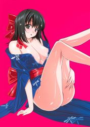 Rule 34 | 1girl, areola slip, arm support, ass, black hair, blue kimono, blush, bow, breasts, cleavage, highres, japanese clothes, kimono, kuroda kazuya, large breasts, legs up, looking at viewer, open mouth, original, red bow, solo, wet, yukata