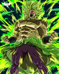 Rule 34 | 1boy, abs, andrewbatm, angry, bare arms, bare shoulders, broly (dragon ball super), clenched hands, dragon ball, dragon ball super, dragon ball super broly, energy, green hair, highres, long hair, male focus, nipples, no pupils, open mouth, pants, pectorals, pectorals, pink eyes, scar, scar on chest, shouting, solo, solo focus, spiked hair, topless male